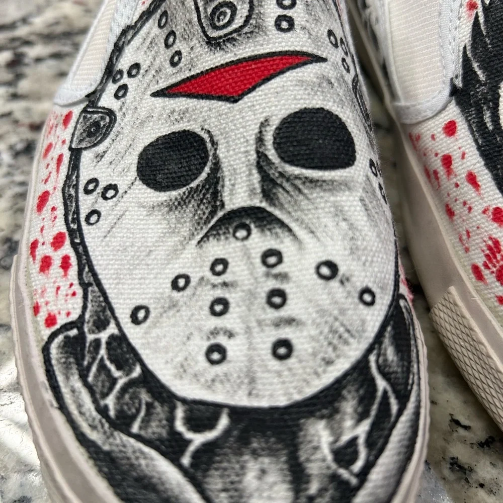 Hand Painted Custom Horror Themed‎ Slip-On Shoes Jason & Michael M7.5 W9.5